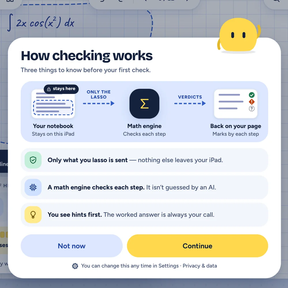The How checking works screen: your notebook stays on this iPad, only the lasso goes to the math engine, and verdicts come back to your page.