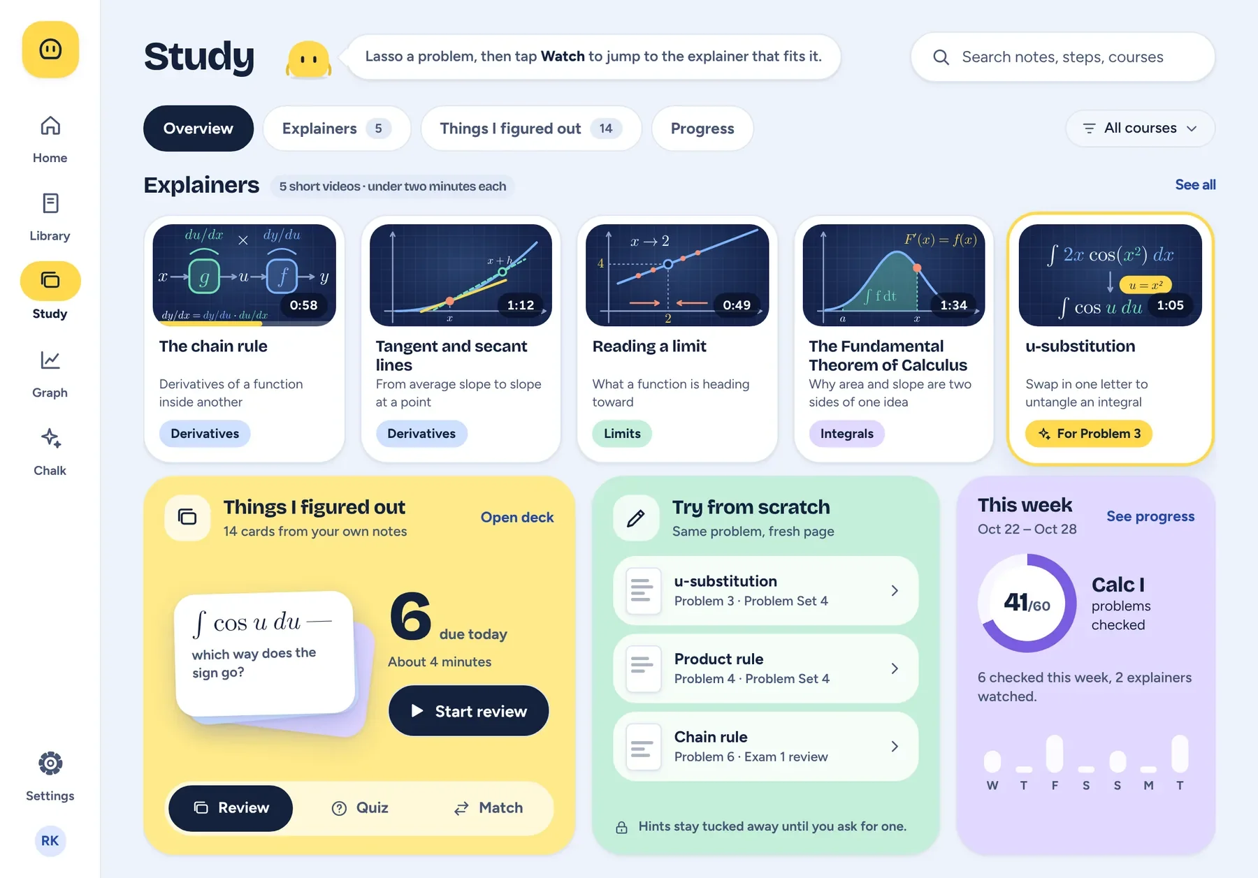 The Study tab: five short explainers, a deck of review cards, a try-from-scratch list and weekly progress.
